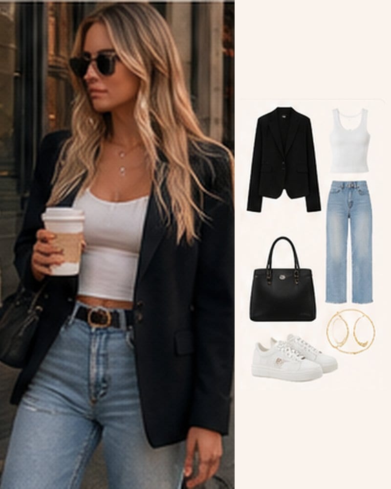 Black blazer, white tank top and straight jeans with a black handbag.
