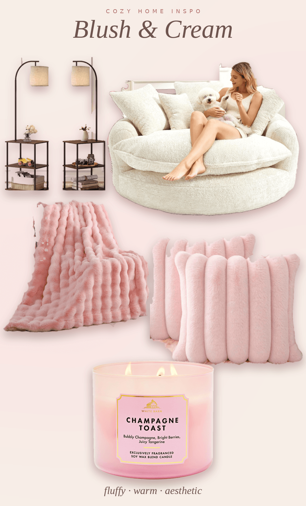 Soft, warm and full of blush-pink details. Fluffy ribbed faux fur pillows, a plush pink throw blanket, a cream swivel accent chair, cozy floor lamps with built-in shelves and a Champagne Toast candle come together for the ultimate cozy corner. Save this for living room inspo or to add some warmth to your home this fall!