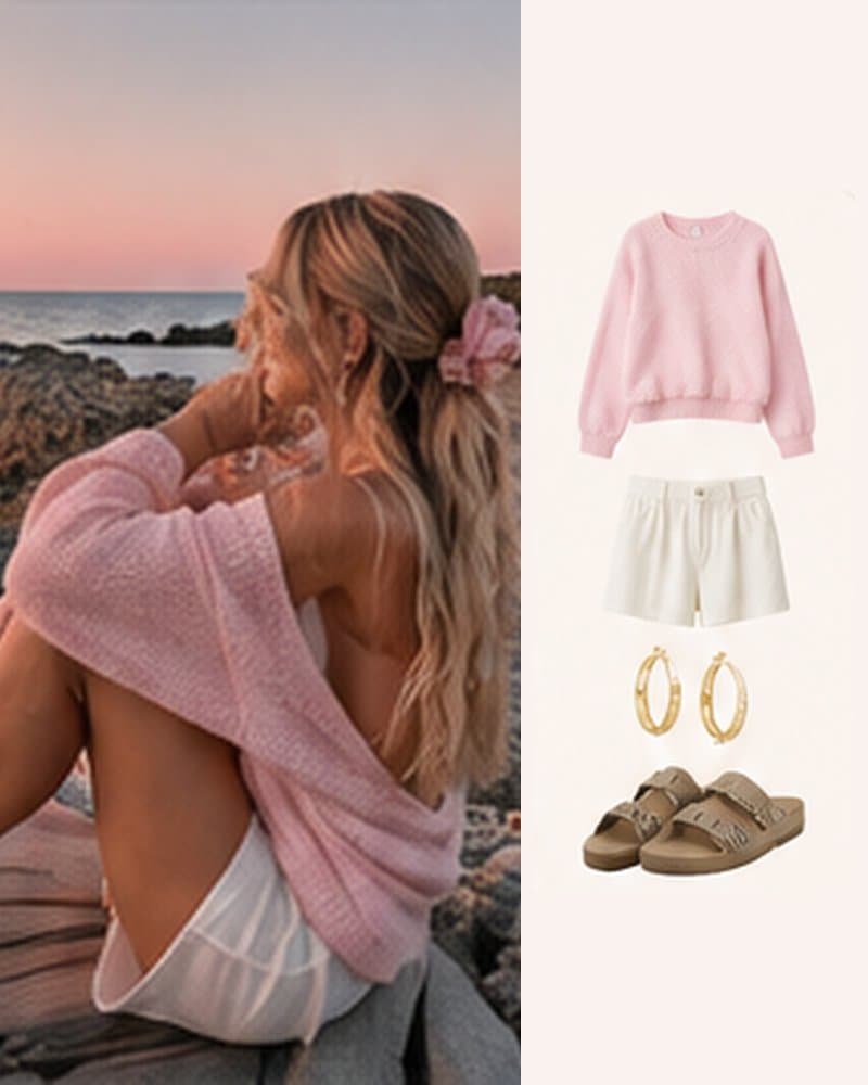 Pink knit sweater with white shorts, gold hoops and suede sandals.