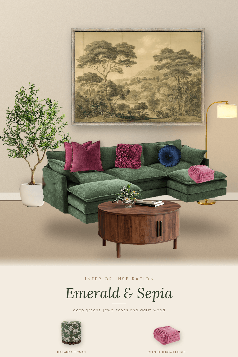 Cozy, elegant and full of character. This emerald green sectional is styled with raspberry velvet cushions, a navy pleated pillow and a soft blush chenille throw, all set beneath a sepia botanical landscape in a gilded frame. A walnut coffee table, a brass arc floor lamp and a sculptural olive tree add warmth and texture. Save this for your next living room refresh or moody maximalist decor inspiration!