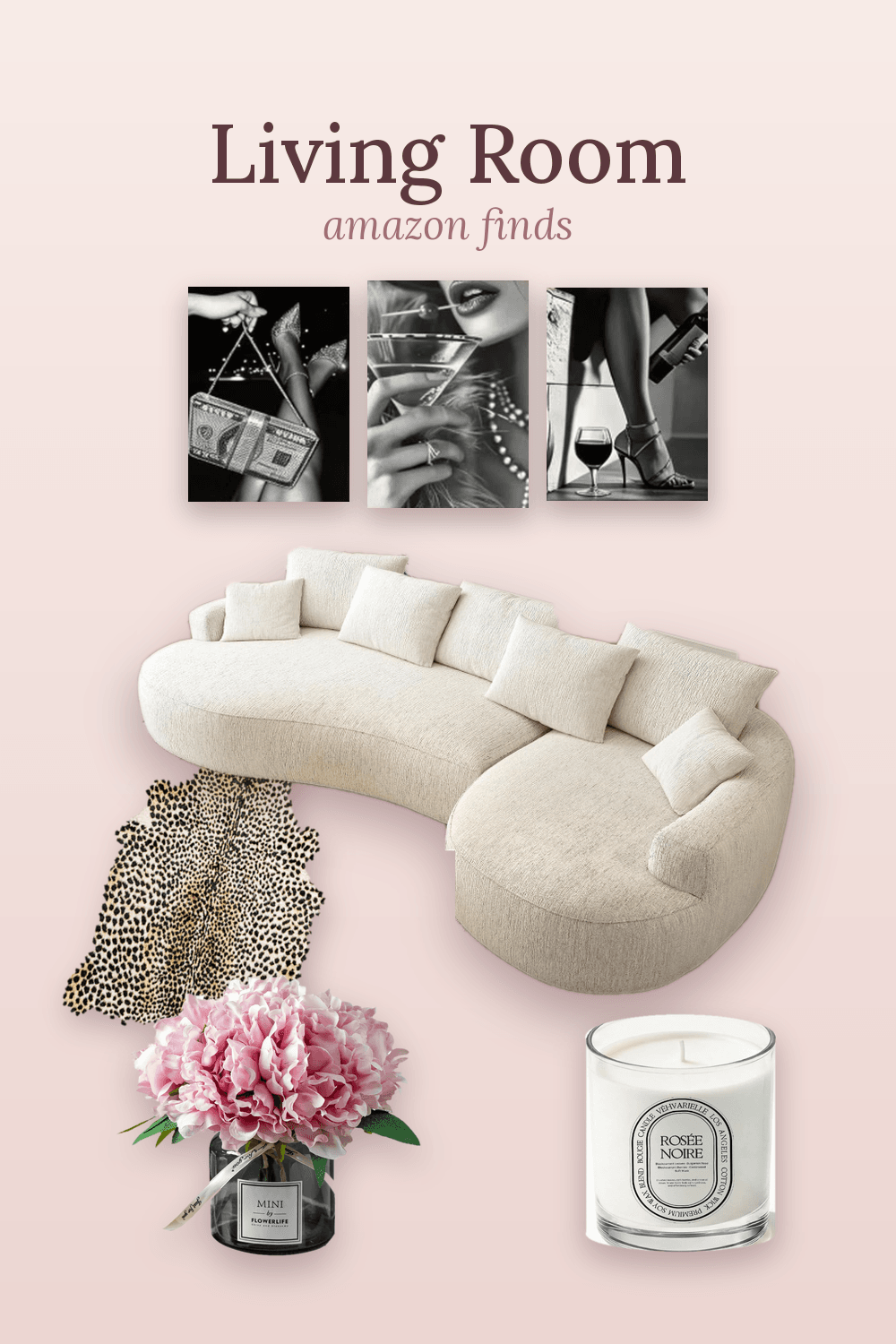 Glam blush living room inspo, all from Amazon. A curved cream sofa, leopard print rug, black and white wall art, blush peonies and a cozy Rosée Noire candle make this space feel soft, luxe.