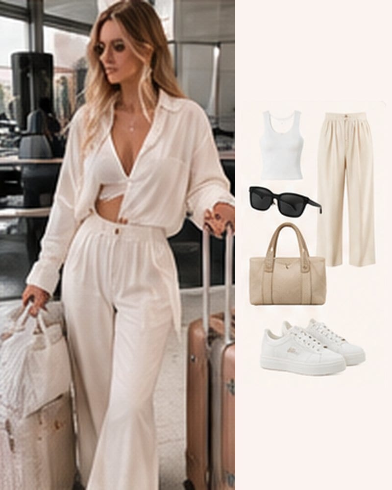 Cream linen travel outfit with sunglasses, a beige tote and white sneakers.