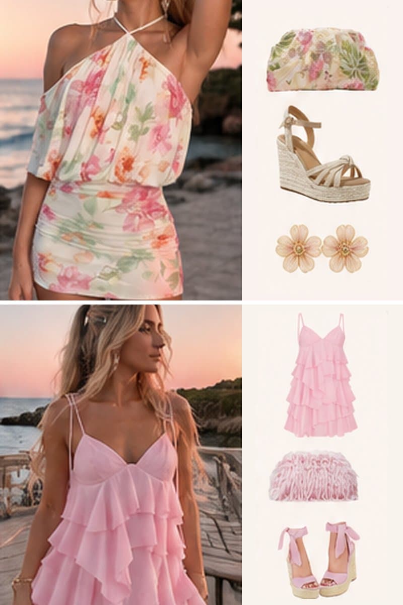 Two vacation outfits: a floral halter mini dress with espadrille wedges, and a pink ruffle dress with lace-up wedges.